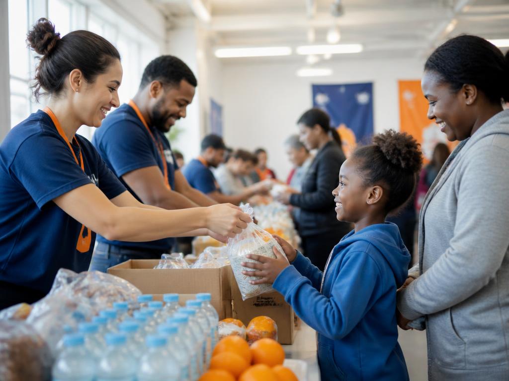 Volunteers distributing food and supplies to families